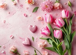 Tulipany i serduszka na różowym tle