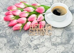 Tulipany, Kawa, Filiżanka, Napis, Hello spring, Marmurkowe, Tło