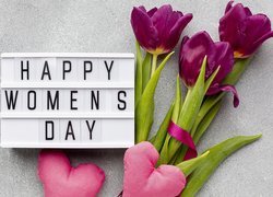 Tulipany, Ramka, Napis, Happy Womens Day, Serca
