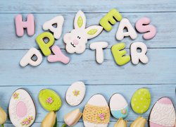 Ciasteczka, Pisanki, Zajączek, Tulipany, Napis, Happy Easter, Wielkanoc