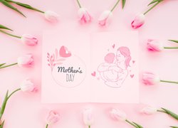 Dzień Matki, Kwiaty, Kolorowe, Tulipany, Kartka, Różowe, Tło