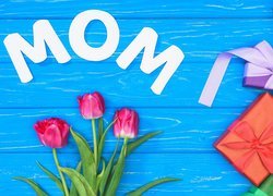 Dzień Matki, Tulipany, Prezenty, Napis, Mom, Mama