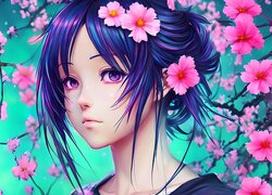 Dziewczyna, Twarz, Kwiaty, Anime