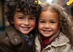 Twarze uśmiechniętych dzieci ze śniegiem we włosach
