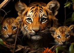 Tygrys i dwa małe tygryski wśród liści