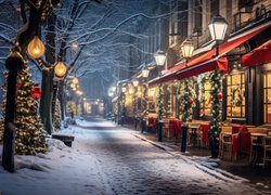 Zima, Boże Narodzenie, Ulica, Latarnie, Domy, Stoliki