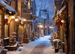 Zima, Ulica, Domy, Noc, Boże Narodzenie