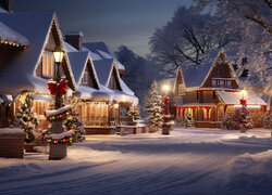 Udekorowane świątecznie zapalone latarnie i oświetlone domy
