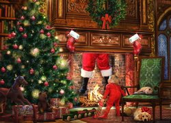 Udekorowany pokój na Boże Narodzenie i dziecko przy kominku