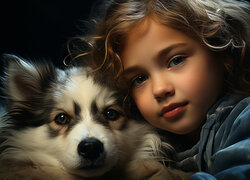 Uśmiechnięta dziewczynka przytulona do psa
