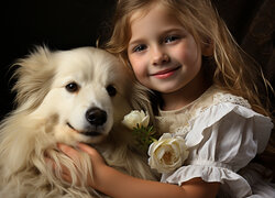 Uśmiechnięta dziewczynka w białej sukience z białym psem