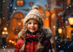Uśmiechnięta dziewczynka z warkoczami i padający śnieg