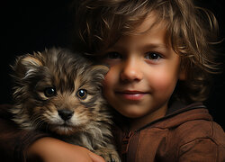 Uśmiechnięty chłopiec ze szczeniakiem na ręce