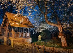 Noc, Wejście, Ogrodzenie, Drzewo, Kwitnące, Drzewo, Cmentarz, Lychgate, Kościół św. Anny, Baslow, Hrabstwo Derbyshire, Anglia