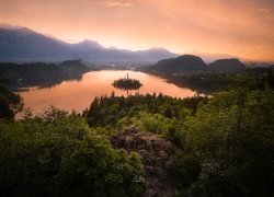 Słowenia, Jezioro Bled, Wyspa, Blejski Otok, Kościół, Wschód słońca, Las, Góry