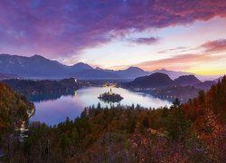 Słowenia, Wyspa Blejski Otok, Jezioro Bled, Kościół, Góry, Drzewa