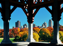 Jesień, Central Park, Kolumny, Drzewa, Wieżowce, Nowy Jork, Manhattan, Stany Zjednoczone