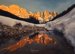 Góry, Pale di San Martino, Val Venegia, Drzewa, Kamienie, Śnieg, Odbicie, Włochy
