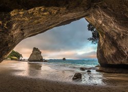 Zatoka Cathedral Cove, Jaskinia, Morze, Skały, Nowa Zelandia, Półwysep Coromandel, Region Waikato