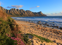 Republika Południowej Afryki, Zatoka False Bay, Plaża, Kamienie, Góry