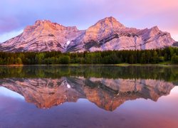 Góry Canadian Rockies, Jezioro Wedge Pond, Drzewa, Odbicie, Park Kananaskis, Alberta, Kanada