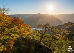 Jesień, Drzewa, Góry, Skały, Rzeka Dunaj, Austria