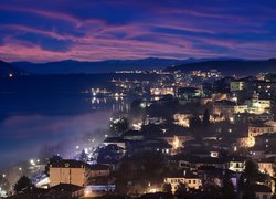 Jezioro Kastoria, Góry, Zmierzch, Zachód słońca, Oświetlone, Domy, Kastoria, Macedonia Zachodnia, Grecja