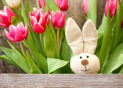 Wielkanocna dekoracja z zajączkiem i tulipanami