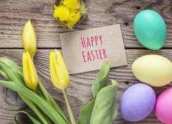 Wielkanoc, Kwiaty, Tulipany, Kolorowe, Pisanki, Kurczaki, Napis, Happy Easter