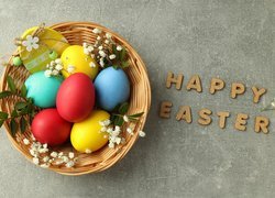 Wielkanoc, Pisanki, Koszyk, Napis, Happy Easter