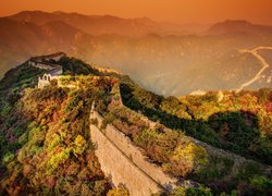 Chiny, Wielki Mur Chiński, Góry, Mgła, Zachód, Słońca