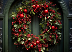Wieniec świąteczny na zielonych drzwiach