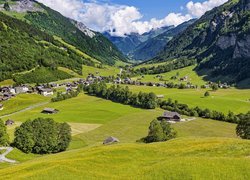Góry, Alpy Szwajcarskie, Domy, Drzewa, Wzgórza, Wieś, Elm, Szwajcaria