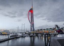 Wieża widokowa, Spinnaker Tower, Port, Statki, Motorówki, Portsmouth, Hrabstwo Hampshire, Anglia
