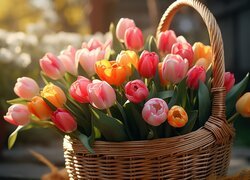 Wiklinowy kosz pełen kolorowych tulipanów