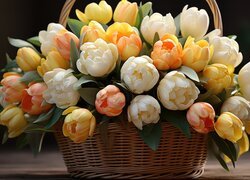 Wiklinowy kosz pełen tulipanów