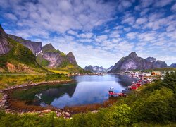 Norwegia, Lofoty, Wyspa Moskenesoya, Wioska Reine, Morze Norweskie Skały, Domy, Góry, Drzewa, Chmury
