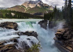 Góry, Park Narodowy Jasper, Wodospad Athabasca, Rzeka Athabasca, Skały, Drzewa, Prowincja Alberta, Kanada