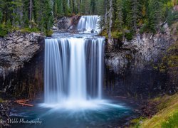 Wodospad Colonnade Falls, Rzeka Bechler River, Skały, Las, Drzewa, Park Narodowy Yellowstone, Stan Wyoming, Stany Zjednoczone