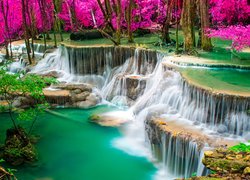 Wodospad Erawan, Kaskada, Kolorowe, Drzewa, Park Narodowy Erawan, Prowincja Kanchanaburi, Tajlandia