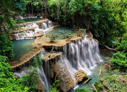 Wodospad Erawan, Kaskada, Drzewa, Park Narodowy Erawan, Prowincja Kanchanaburi, Tajlandia