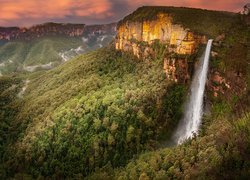 Skały, Góry Błękitne, Lasy, Drzewa, Wodospad, Govets Leap Falls, Zachód słońca, Australia