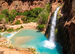 Stany Zjednoczone, Stan Arizona, Wodospad, Havasu Falls, Skały, Drzewa, Rzeka, Havasu Creek, Wielki Kanion Kolorado