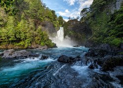 Rzeka, Kamienie, Drzewa, Wodospad Huilo-Huilo Falls, Panguipulli, Chile