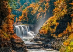 Wodospad i rzeka na skałach w jesiennym lesie