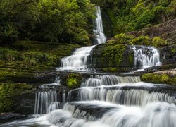 Wodospad, McLean Falls, Rzeka, Tautuku River, Skały, Drzewa, Nowa Zelandia