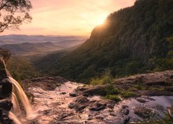 Australia, Queensland, Wodospad Morans Falls, Park Narodowy Lamington, Zachód słońca, Góry, McPherson Range, Wzgórza, Drzewa, Roślinność