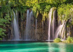 Wodospad, Skały, Zielone, Rośliny, Park Narodowy Jezior Plitwickich, Chorwacja