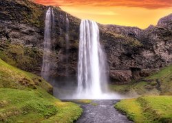 Islandia, Wodospad Seljalandsfoss, Skały, Rzeka, Wschód słońca