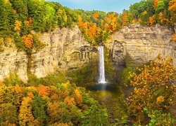 Jesień, Drzewa, Wodospad, Taughannock Falls, Skały, Stan Nowy Jork, Stany Zjednoczone